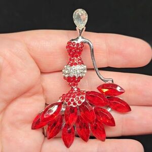 Elegant Red & Silver Crystal Ballerina Brooch - Formal Accessory / Gift
